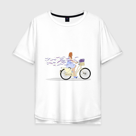 Мужская футболка хлопок Oversize с принтом Девушка с лавандой в Белгороде, 100% хлопок | свободный крой, круглый ворот, “спинка” длиннее передней части | велосипед | девушка | девушка на велосипеде | лаванда | цветок