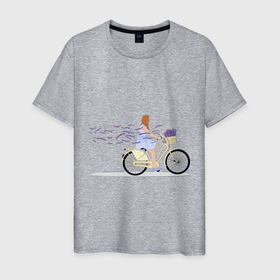 Мужская футболка хлопок с принтом Девушка с лавандой , 100% хлопок | прямой крой, круглый вырез горловины, длина до линии бедер, слегка спущенное плечо. | Тематика изображения на принте: велосипед | девушка | девушка на велосипеде | лаванда | цветок