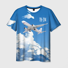Мужская футболка 3D с принтом Самолет Ту 214 в Тюмени, 100% полиэфир | прямой крой, круглый вырез горловины, длина до линии бедер | blue sky | civil | clouds | flies | plane | takeoff | tupolev | взлет | голубое небо | гражданский | летит | облака | самолет | ту 214 | туполев