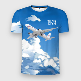 Мужская футболка 3D Slim с принтом Самолет Ту 214 в Курске, 100% полиэстер с улучшенными характеристиками | приталенный силуэт, круглая горловина, широкие плечи, сужается к линии бедра | blue sky | civil | clouds | flies | plane | takeoff | tupolev | взлет | голубое небо | гражданский | летит | облака | самолет | ту 214 | туполев