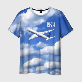 Мужская футболка 3D с принтом Самолет Ту 214. , 100% полиэфир | прямой крой, круглый вырез горловины, длина до линии бедер | blue sky | civil | clouds | flies | plane | takeoff | tupolev | взлет | голубое небо | гражданский | летит | облака | самолет | ту 214 | туполев