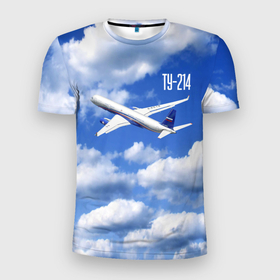 Мужская футболка 3D Slim с принтом Самолет Ту 214. в Тюмени, 100% полиэстер с улучшенными характеристиками | приталенный силуэт, круглая горловина, широкие плечи, сужается к линии бедра | blue sky | civil | clouds | flies | plane | takeoff | tupolev | взлет | голубое небо | гражданский | летит | облака | самолет | ту 214 | туполев