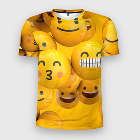 Мужская футболка 3D Slim с принтом Смаилы в Санкт-Петербурге, 100% полиэстер с улучшенными характеристиками | приталенный силуэт, круглая горловина, широкие плечи, сужается к линии бедра | 3d | 3д | арт | весенние | детские | детям | желтые | желтый | зима | летние | обьемные | осень | с кругами | слицами | смаил | смех | улыбка
