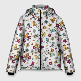 Мужская зимняя куртка 3D с принтом Птицы и цветы. Разноцветный узор в дудл стиле в Петрозаводске, верх — 100% полиэстер; подкладка — 100% полиэстер; утеплитель — 100% полиэстер | длина ниже бедра, свободный силуэт Оверсайз. Есть воротник-стойка, отстегивающийся капюшон и ветрозащитная планка. 

Боковые карманы с листочкой на кнопках и внутренний карман на молнии. | Тематика изображения на принте: весна | ветка | веточки | детский рисунок | дудл | дудлинг | желтый | красочный | обводка | оранжевый | паттерн | питомцы | природа | птицы | разноцветный узор | розовый | цветок | цветочный узор