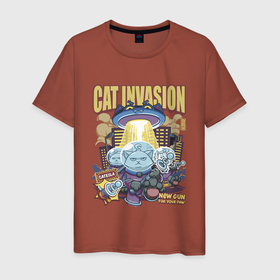 Мужская футболка хлопок с принтом Cat Invasion: Tesla Gun в Петрозаводске, 100% хлопок | прямой крой, круглый вырез горловины, длина до линии бедер, слегка спущенное плечо. | aliens | anime | cute | meow | paw | retro | ufo | vintage | атака | вой | вторжение | зло | инопланетянин | комиксы | космонавты | космос | кот | котейка | котик | котэ | молния | нападение | нападение кота | наука | нло | оружие