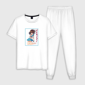 Мужская пижама хлопок с принтом Харухи и яблоко , 100% хлопок | брюки и футболка прямого кроя, без карманов, на брюках мягкая резинка на поясе и по низу штанин
 | Тематика изображения на принте: anime | haruhi suzumiya | suzumiya haruhi no yuuutsu | аниме | анимэ | меланхолия харухи судзумии | сузумия | харухи судзумия