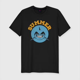 Мужская футболка хлопок Slim с принтом Лето ждет тебя в Белгороде, 92% хлопок, 8% лайкра | приталенный силуэт, круглый вырез ворота, длина до линии бедра, короткий рукав | акула | зубы | лето | море | океан | рыба | улыбка | хищник