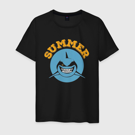 Мужская футболка хлопок с принтом Лето ждет тебя в Курске, 100% хлопок | прямой крой, круглый вырез горловины, длина до линии бедер, слегка спущенное плечо. | Тематика изображения на принте: акула | зубы | лето | море | океан | рыба | улыбка | хищник