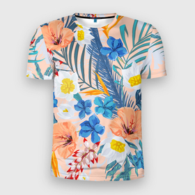 Мужская футболка 3D Slim с принтом Цветы Яркие Тропические в Тюмени, 100% полиэстер с улучшенными характеристиками | приталенный силуэт, круглая горловина, широкие плечи, сужается к линии бедра | Тематика изображения на принте: flowers | природа | растение | флора | цветы