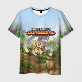 Мужская футболка 3D с принтом Minecraft Dungeons   Heroes   Video game , 100% полиэфир | прямой крой, круглый вырез горловины, длина до линии бедер | Тематика изображения на принте: heroes | jungle | minecraft dungeons | nature | video game | видеоигра | герой | джунгли | майнкрафт | персонаж | подземелье | природа