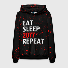 Мужская толстовка 3D с принтом Eat Sleep 2077 Repeat | Краска в Курске, 100% полиэстер | двухслойный капюшон со шнурком для регулировки, мягкие манжеты на рукавах и по низу толстовки, спереди карман-кенгуру с мягким внутренним слоем. | 2077 | cyberpunk | eat sleep 2077 repeat | logo | paint | брызги | игра | игры | киберпанк | краска | лого | логотип | символ