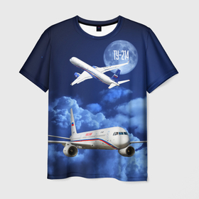 Мужская футболка 3D с принтом Пассажирский самолет Ту 214 в Новосибирске, 100% полиэфир | прямой крой, круглый вырез горловины, длина до линии бедер | blue sky | civil | clouds | flies | plane | takeoff | tupolev | взлет | голубое небо | гражданский | летит | облака | самолет | ту 214 | туполев