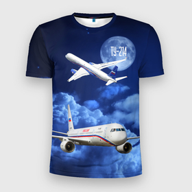 Мужская футболка 3D Slim с принтом Пассажирский самолет Ту 214 в Тюмени, 100% полиэстер с улучшенными характеристиками | приталенный силуэт, круглая горловина, широкие плечи, сужается к линии бедра | blue sky | civil | clouds | flies | plane | takeoff | tupolev | взлет | голубое небо | гражданский | летит | облака | самолет | ту 214 | туполев