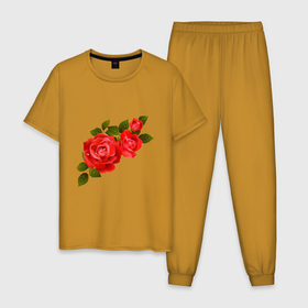 Мужская пижама хлопок с принтом Алые розочки в Новосибирске, 100% хлопок | брюки и футболка прямого кроя, без карманов, на брюках мягкая резинка на поясе и по низу штанин
 | алые | листья | розочки | розы | цветочки | цветы