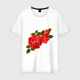 Мужская футболка хлопок с принтом Алые розочки в Петрозаводске, 100% хлопок | прямой крой, круглый вырез горловины, длина до линии бедер, слегка спущенное плечо. | алые | листья | розочки | розы | цветочки | цветы