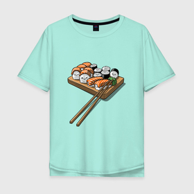 Мужская футболка хлопок Oversize с принтом Веселые роллы в Новосибирске, 100% хлопок | свободный крой, круглый ворот, “спинка” длиннее передней части | азия | веселые | роллы | суши | улыбка | япония