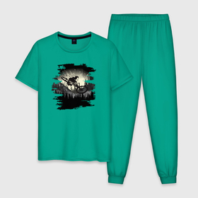 Мужская пижама хлопок с принтом Moon rider mtb в Петрозаводске, 100% хлопок | брюки и футболка прямого кроя, без карманов, на брюках мягкая резинка на поясе и по низу штанин
 | Тематика изображения на принте: 