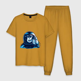 Мужская пижама хлопок с принтом Обезьяна космонавт (палец вверх) в Новосибирске, 100% хлопок | брюки и футболка прямого кроя, без карманов, на брюках мягкая резинка на поясе и по низу штанин
 | класс | космонавт | космос | мартышка | обезьяна | примат | скафандр