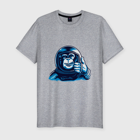 Мужская футболка хлопок Slim с принтом Обезьяна космонавт (палец вверх) в Кировске, 92% хлопок, 8% лайкра | приталенный силуэт, круглый вырез ворота, длина до линии бедра, короткий рукав | класс | космонавт | космос | мартышка | обезьяна | примат | скафандр