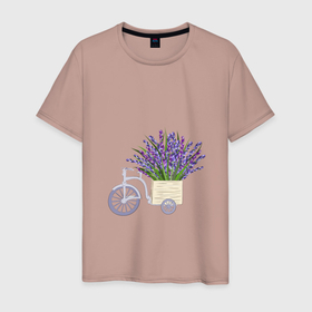 Мужская футболка хлопок с принтом Велосипед с лавандой в Санкт-Петербурге, 100% хлопок | прямой крой, круглый вырез горловины, длина до линии бедер, слегка спущенное плечо. | bicycle | lavender | велосипед | лванда | прованс | сиреневый | фиолетовый | цветы
