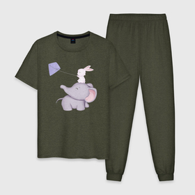 Мужская пижама хлопок с принтом Милый Слонёнок и Кролик Играют С Воздушным Змеем в Новосибирске, 100% хлопок | брюки и футболка прямого кроя, без карманов, на брюках мягкая резинка на поясе и по низу штанин
 | animals | beast | cute | hare | rabbit | животные | заяц | звери | кролик | крольчонок | милый | слон | слонёнок