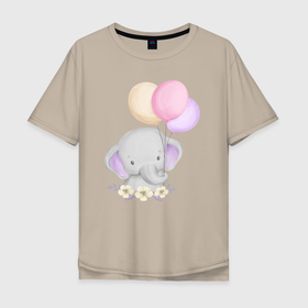 Мужская футболка хлопок Oversize с принтом Милый Слонёнок Играет С Воздушными Шариками в Новосибирске, 100% хлопок | свободный крой, круглый ворот, “спинка” длиннее передней части | Тематика изображения на принте: animals | beast | cute | животные | звери | милый | слон | слонёнок