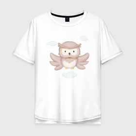 Мужская футболка хлопок Oversize с принтом Милый Совёнок Летает Высоко в Санкт-Петербурге, 100% хлопок | свободный крой, круглый ворот, “спинка” длиннее передней части | animals | beast | cute | животные | звери | милый | сова | совёнок
