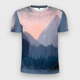 Мужская футболка 3D Slim с принтом Call of the Mountain в Кировске, 100% полиэстер с улучшенными характеристиками | приталенный силуэт, круглая горловина, широкие плечи, сужается к линии бедра | вечер | гора | зима | лес | природа