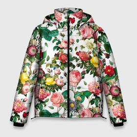 Мужская зимняя куртка 3D с принтом Узор из летних роз | Summer Roses Pattern в Тюмени, верх — 100% полиэстер; подкладка — 100% полиэстер; утеплитель — 100% полиэстер | длина ниже бедра, свободный силуэт Оверсайз. Есть воротник-стойка, отстегивающийся капюшон и ветрозащитная планка. 

Боковые карманы с листочкой на кнопках и внутренний карман на молнии. | bouquet | collage | floral | flower | leafs | roses | spring | sum | summertime | акварель | акварельные цветы | букет цветов | весна | зелень | коллаж | летние цветы | летний узор | лето | листья | пион | пионы | рисунок цветов | розы