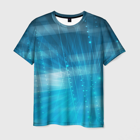 Мужская футболка 3D с принтом Линии на голубом фоне в Екатеринбурге, 100% полиэфир | прямой крой, круглый вырез горловины, длина до линии бедер | абстракция | геометрия | линии | синий | фон