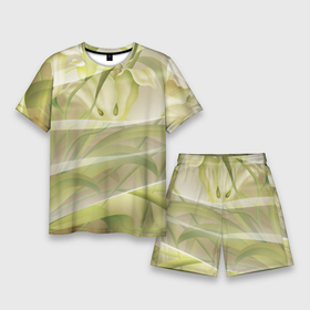 Мужской костюм с шортами 3D с принтом Абстрактные ирисы ,  |  | Тематика изображения на принте: абстракция | зеленый | ирис | линии | нежный | сетка | цветочки | цветы