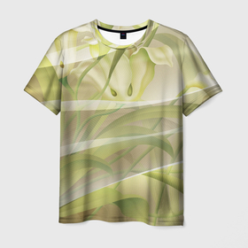 Мужская футболка 3D с принтом Абстрактные ирисы в Кировске, 100% полиэфир | прямой крой, круглый вырез горловины, длина до линии бедер | абстракция | зеленый | ирис | линии | нежный | сетка | цветочки | цветы