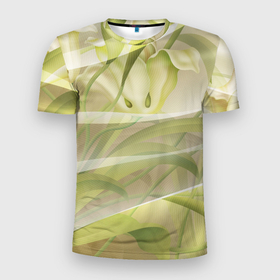 Мужская футболка 3D Slim с принтом Абстрактные ирисы , 100% полиэстер с улучшенными характеристиками | приталенный силуэт, круглая горловина, широкие плечи, сужается к линии бедра | Тематика изображения на принте: абстракция | зеленый | ирис | линии | нежный | сетка | цветочки | цветы