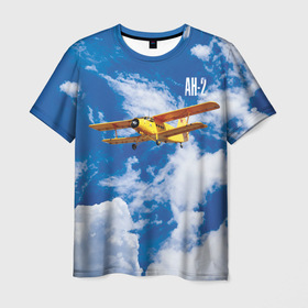 Мужская футболка 3D с принтом Гражданский самолет Ан 2. , 100% полиэфир | прямой крой, круглый вырез горловины, длина до линии бедер | antonov | blue sky | civil | clouds | corncob | flies | yellow plane | ан 2 | антонов | голубое небо | гражданский | желтый | кукурузник | летит | облака | самолет