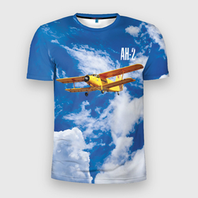 Мужская футболка 3D Slim с принтом Гражданский самолет Ан 2. в Белгороде, 100% полиэстер с улучшенными характеристиками | приталенный силуэт, круглая горловина, широкие плечи, сужается к линии бедра | antonov | blue sky | civil | clouds | corncob | flies | yellow plane | ан 2 | антонов | голубое небо | гражданский | желтый | кукурузник | летит | облака | самолет
