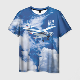 Мужская футболка 3D с принтом Гражданский самолет Ан 2 в Петрозаводске, 100% полиэфир | прямой крой, круглый вырез горловины, длина до линии бедер | antonov | blue sky | civil | clouds | corncob | flies | plane | ан 2 | антонов | голубое небо | гражданский | кукурузник | летит | облака | самолет