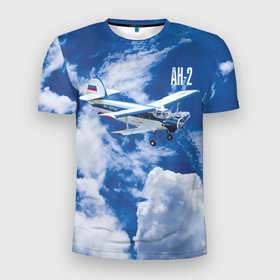 Мужская футболка 3D Slim с принтом Гражданский самолет Ан 2 в Тюмени, 100% полиэстер с улучшенными характеристиками | приталенный силуэт, круглая горловина, широкие плечи, сужается к линии бедра | antonov | blue sky | civil | clouds | corncob | flies | plane | ан 2 | антонов | голубое небо | гражданский | кукурузник | летит | облака | самолет