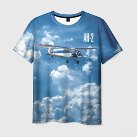Мужская футболка 3D с принтом Самолет Ан 2. в Новосибирске, 100% полиэфир | прямой крой, круглый вырез горловины, длина до линии бедер | antonov | blue sky | civil | clouds | corncob | flies | plane | ан 2 | антонов | голубое небо | гражданский | кукурузник | летит | облака | самолет