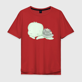 Мужская футболка хлопок Oversize с принтом Милая Черепашка Спит в Курске, 100% хлопок | свободный крой, круглый ворот, “спинка” длиннее передней части | animals | beast | cute | животные | звери | милый | черепаха | черепашка