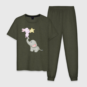Мужская пижама хлопок с принтом Милый Слонёнок и Кролик Играют Со Звездой в Петрозаводске, 100% хлопок | брюки и футболка прямого кроя, без карманов, на брюках мягкая резинка на поясе и по низу штанин
 | Тематика изображения на принте: animals | beast | cute | hare | rabbit | животные | заяц | звери | кролик | крольчонок | милый | слон | слонёнок