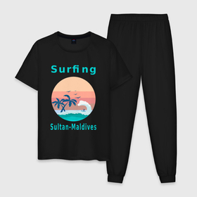Мужская пижама хлопок с принтом Серфинг на Мальдивских островах. , 100% хлопок | брюки и футболка прямого кроя, без карманов, на брюках мягкая резинка на поясе и по низу штанин
 | виндсерфинг | водный спорт | волна | мальдивы | океан | отдых на мальдивах | пальмы | серфинг | серфингист | текст | чайки