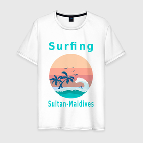 Мужская футболка хлопок с принтом Серфинг на Мальдивских островах. в Кировске, 100% хлопок | прямой крой, круглый вырез горловины, длина до линии бедер, слегка спущенное плечо. | виндсерфинг | водный спорт | волна | мальдивы | океан | отдых на мальдивах | пальмы | серфинг | серфингист | текст | чайки