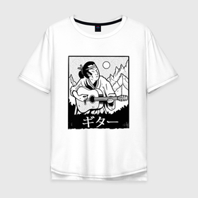 Мужская футболка хлопок Oversize с принтом Самурай с гитарой | Samurai playing guitar в Санкт-Петербурге, 100% хлопок | свободный крой, круглый ворот, “спинка” длиннее передней части | guitar player | guitarist | japan | japanese | kanji | ronin | singer | vintage | винтаж | гитарист | кандзи | мем с самураем | певец | пейзаж | прикол | ронин | самурай играет на гитаре | юмор | япония | японский гитарист