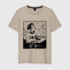 Мужская футболка хлопок с принтом Самурай с гитарой | Samurai playing guitar в Белгороде, 100% хлопок | прямой крой, круглый вырез горловины, длина до линии бедер, слегка спущенное плечо. | guitar player | guitarist | japan | japanese | kanji | ronin | singer | vintage | винтаж | гитарист | кандзи | мем с самураем | певец | пейзаж | прикол | ронин | самурай играет на гитаре | юмор | япония | японский гитарист