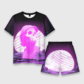 Мужской костюм с шортами 3D с принтом Vaporwave  Skull  Психоделика ,  |  | mountains | psychedelic | skull | sun | vaporwave | горы | психоделика | солнце | череп