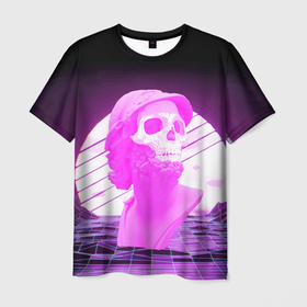 Мужская футболка 3D с принтом Vaporwave   Skull   Психоделика в Курске, 100% полиэфир | прямой крой, круглый вырез горловины, длина до линии бедер | mountains | psychedelic | skull | sun | vaporwave | горы | психоделика | солнце | череп