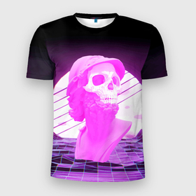 Мужская футболка 3D Slim с принтом Vaporwave   Skull   Психоделика в Тюмени, 100% полиэстер с улучшенными характеристиками | приталенный силуэт, круглая горловина, широкие плечи, сужается к линии бедра | mountains | psychedelic | skull | sun | vaporwave | горы | психоделика | солнце | череп