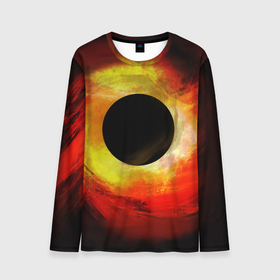 Мужской лонгслив 3D с принтом Черная дыра на красно желтом фоне в Тюмени, 100% полиэстер | длинные рукава, круглый вырез горловины, полуприлегающий силуэт | дыра | иллюстрация | космическое | космос | наука | научная | небо | ночное | черная | явление
