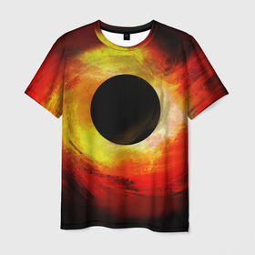 Мужская футболка 3D с принтом Черная дыра на красно желтом фоне в Екатеринбурге, 100% полиэфир | прямой крой, круглый вырез горловины, длина до линии бедер | дыра | иллюстрация | космическое | космос | наука | научная | небо | ночное | черная | явление
