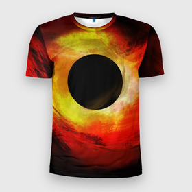 Мужская футболка 3D Slim с принтом Черная дыра на красно желтом фоне в Новосибирске, 100% полиэстер с улучшенными характеристиками | приталенный силуэт, круглая горловина, широкие плечи, сужается к линии бедра | Тематика изображения на принте: дыра | иллюстрация | космическое | космос | наука | научная | небо | ночное | черная | явление